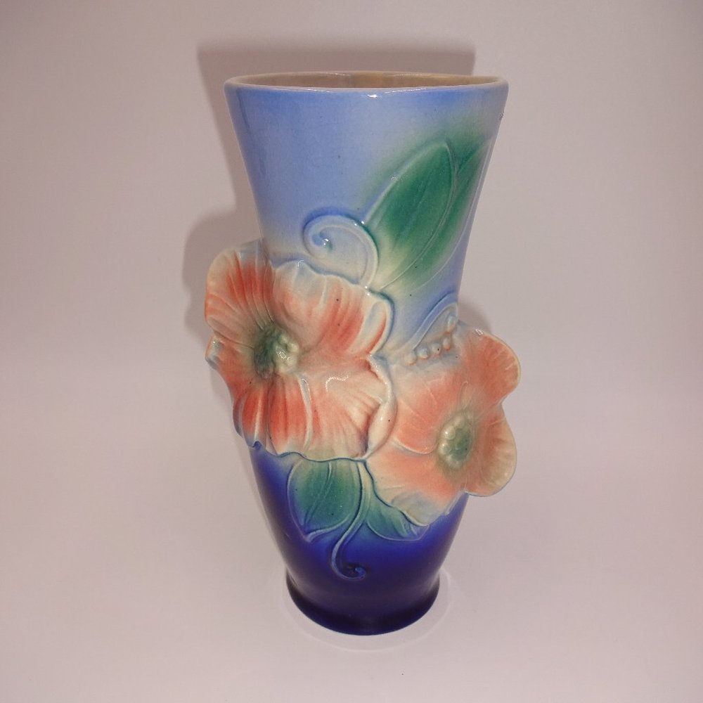 Vintage Royal Copley Vase Blue Pink Green Flowers Floral 7"
